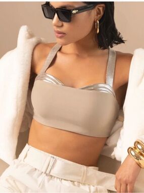 Beige Crop Bralette Metallic Sports Bra